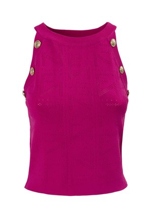 Fuchsia gestricktes ärmelloses Oberteil mit strukturiertem Muster, featuring dekorativen goldenen Knöpfen an den Schultern und einer taillierten Passform.