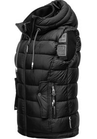 Black puffy vest with a high collar, drawstring hood, side zip pockets, and quilted pattern. Features a logo and care label on the interior.