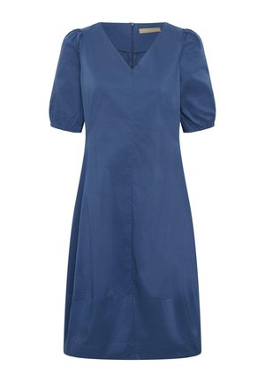 Vestido azul hasta la rodilla con mangas cortas abullonadas, escote en V y cintura ajustada, con cierre de cremallera en la parte trasera.