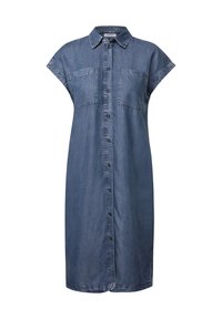 Abito in denim con maniche corte, chiusura frontale a bottoni, colletto, due tasche sul petto e un design di lunghezza media in una tonalità blu scuro.