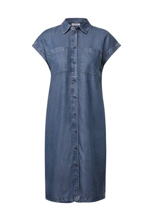 Denim shirt dress with short sleeves, button-front closure, collar, two chest pockets, and a mid-length design in a dark blue shade.
