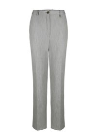 Pantaloni tailored grigio chiaro in tessuto texturizzato, design a gamba dritta, chiusura frontale con bottone e tasche laterali.