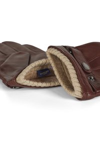 Brune lærhansker med en myk beige strikkeforing, med trykknappdetalj og kviltet design på utsiden.