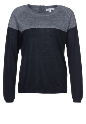 Pull en maille à manches longues avec une partie supérieure grise et une partie inférieure et des manches noires, doté d'un col rond.