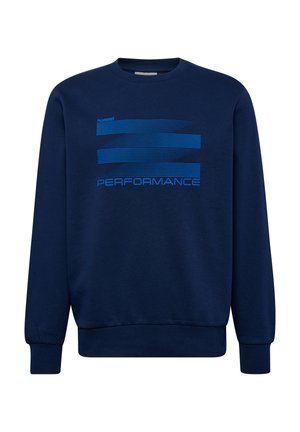 Mørkeblå sweatshirt i blødt materiale med lange ærmer, ribbede manchetter og et grafisk design med blå linjer og teksten "PERFORMANCE".