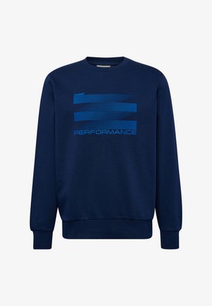 Navyblauwe sweatshirt van zacht materiaal met lange mouwen, geribde manchetten en een grafisch ontwerp met blauwe lijnen en de tekst "PERFORMANCE".