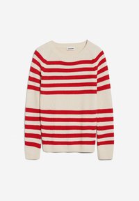 Pull en tricot crème avec des rayures rouges horizontales sur le corps et les manches, doté d'un col rond et de manches longues.