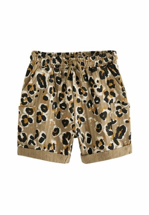 Shorts en imprimé léopard avec une taille élastique, présentant des nuances de marron, noir et orange. Comprend des ourlets roulés et deux poches latérales.