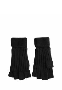 Sorte ribbede strikkede fingerløse handsker med en fold-over manchet, der har en blød tekstur og et enkelt design.
