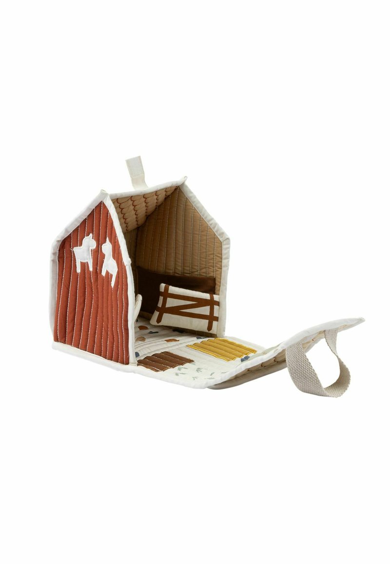 Quilted fabric toy barn with a red and beige exterior, featuring white animal appliqués and textured interior panels; opens to reveal colorful patterns.