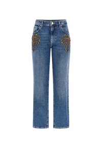 Mėlynos džinsinės kelnės su plačiais kojomis, papuoštos išsamia aukso spalvos karoliukų gėlių siuvinėjimu ant kišenių, su klasikiniu mygtuku ir užtrauktuku.