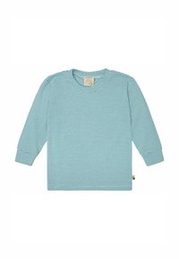 Camicia a maniche lunghe azzurro chiaro con sottili righe orizzontali bianche. Collo rotondo, tessuto morbido e una piccola etichetta nell'angolo in basso a sinistra.