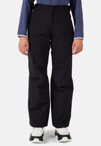 Svarta vattentäta skidbyxor med justerbart midjeband, framfickor och en avslappnad passform, med sidodragkedjor vid anklarna för enkel av- och påtagning.