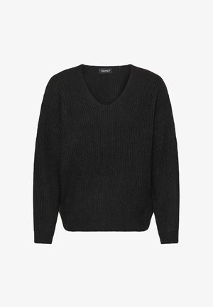 Fekete kötött pulóver mély V-nyakkal, hosszú ujjaival és laza szabással. Bordázott textúrával és egyszínű kivitelben készült.