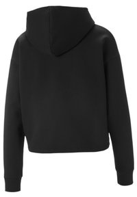 Schwarze, verkürzte Kapuzenjacke mit großer Kapuze, langen Ärmeln und gerippten Bündchen. Glatte Textur mit klaren Linien und minimalistischem Design.