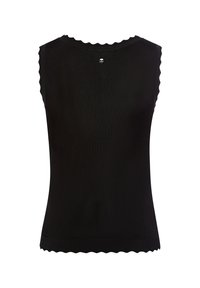 Haut en tricot noir sans manches avec des bords festonnés au niveau du col, des emmanchures et de l'ourlet, doté d'un petit détail en bouton rond argenté à l'arrière du cou.