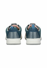 Blaue und graue Sneaker mit einem Obermaterial aus Mesh, runden Schnürsenkeln und einer weißen Sohle. Verfügt über eine Zuglasche und einen strukturierten Rücken für zusätzlichen Halt.