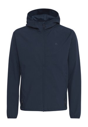 Navy lightweight jacket with a zip front, hood, and two side pockets. Smooth, water-resistant material with a subtle brand logo on the chest.