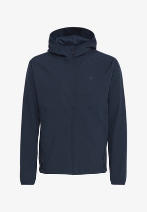 Tengeri kék könnyű dzseki, cipzárral elöl, kapucnival és két oldalsó zsebbel. Simító, vízálló anyag, finom márkázott logóval a mellkasán.