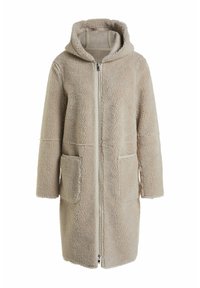 Beige knælang sherpa fleece jakke med hætte, lynlås foran, lange ærmer og to frontlommeposer.