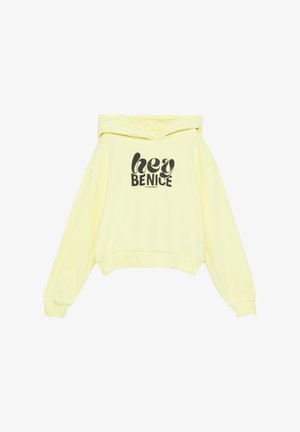 Żółta krótkie hoodie wykonane z miękkiego materiału z czarnym nadrukiem tekstowym "hej DBAJ O SIEBIE" na przodzie.