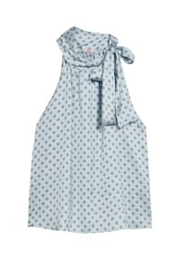 Blusa senza maniche azzurro chiaro con scollo annodato, caratterizzata da un motivo geometrico ripetuto in tonalità più scure. Tessuto morbido con una vestibilità comoda.