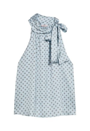 Lichtblauwe mouwloze blouse met een gestrikt halslijn, met een herhalend geometrisch patroon in donkerdere tinten. Glad materiaal met een ontspannen pasvorm.