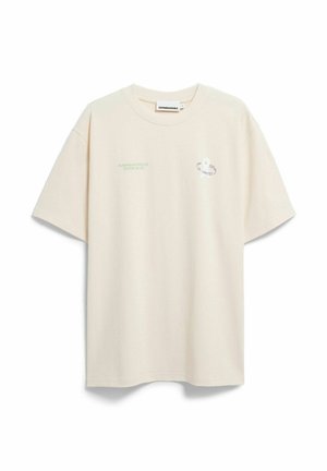 Baumwoll-T-Shirt in Cremefarbe mit kurzen Ärmeln, versehen mit grünen und violetten Textgrafiken auf der Vorderseite. Rundhalsausschnitt und lockere Passform.