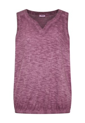 Haut sans manches violet chiné avec col en V et ourlet élastiqué, en tissu léger.