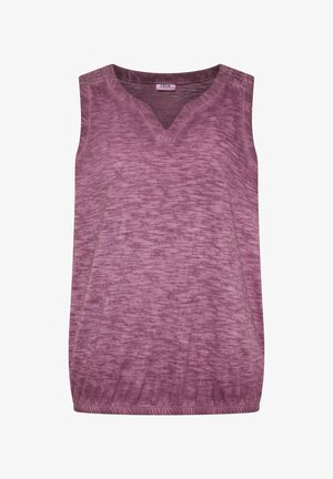 Fioletowy melanżowy top bez rękawów z dekoltem w serek i elastycznym ściągaczem, wykonany z lekkiego materiału.