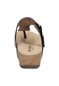 Black leather sandal with cork midsole, adjustable buckle, and a smooth, beige insole. Rear view shows a slight heel and textured surface.