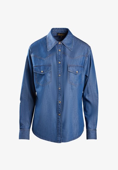 Denim shirt in medium blue, featuring a pointed collar, two chest pockets with button flaps, and metal buttons down the front.