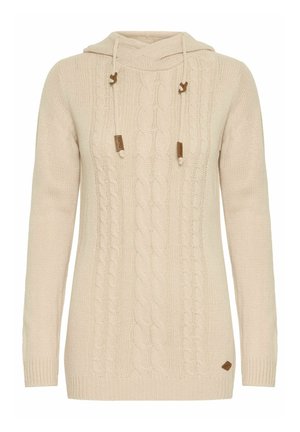 Beige knitted sweater with a cable pattern, a hood, and drawstring. Features textured fabric and small branded tag at the hem.