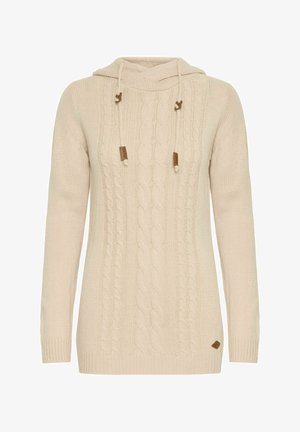 Suéter de punto beige con un patrón de trenzas, capucha y cordón. Presenta una tela texturizada y una pequeña etiqueta de marca en el dobladillo.