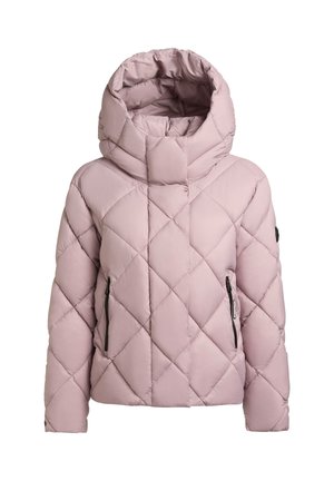Giacca imbottita rosa trapuntata con cappuccio alto e oversize e tasche laterali con zip. Tessuto morbido e motivo a diamanti su tutta la superficie.