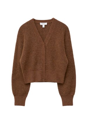 Brown cropped cardigan made of soft, fuzzy material, featuring a deep V-neck, long sleeves, and ribbed cuffs and hem.