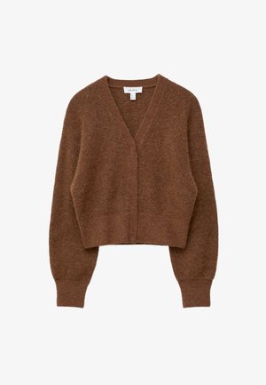 Brown cropped cardigan made of soft, fuzzy material, featuring a deep V-neck, long sleeves, and ribbed cuffs and hem.