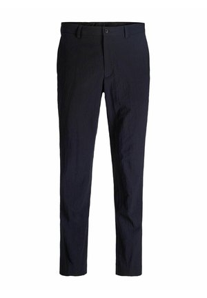 Marineblaue Hose mit strukturiertem Finish, Slim-Fit-Design, Gürtelschlaufen, Knopfverschluss vorne und geradem Bein.