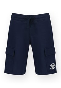 Shorts cargo bleu marine en coton, avec une taille élastique et un cordon, des poches latérales et un badge logo blanc sur la jambe gauche.