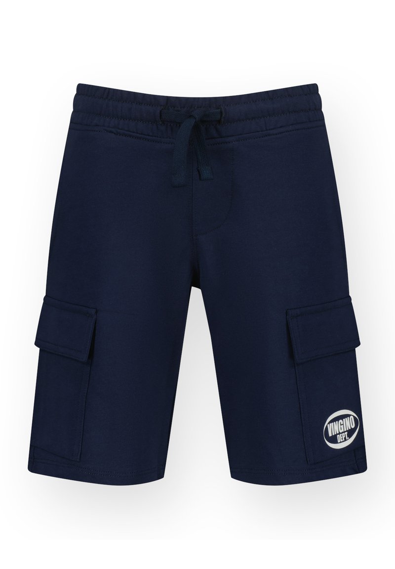 Shorts cargo bleu marine en coton, avec une taille élastique et un cordon, des poches latérales et un badge logo blanc sur la jambe gauche.