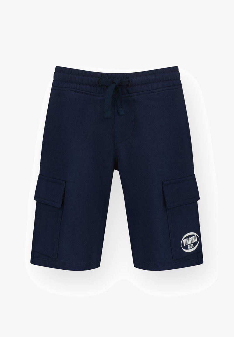 Kornblumenblaue Cargo-Shorts aus Baumwolle, mit elastischem Bund und Kordelzug, seitlichen Taschen und einem weißen Logopatch am linken Bein.