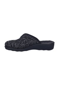 Chausson noir à enfiler avec dessus en tissu doux et texturé et semelle rembourrée légèrement surélevée, conçu pour une utilisation en intérieur.