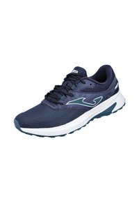 Zapatilla de running en color navy con parte superior de malla y detalles en gris, que presenta una entresuela blanca y una suela exterior de goma negra, cierre de cordones con tejido texturizado.