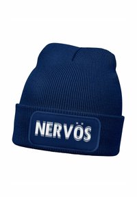 Navy blue knit beanie with a soft texture and a folded cuff. Features a rectangular patch displaying "NERVÖS" in bold white letters.