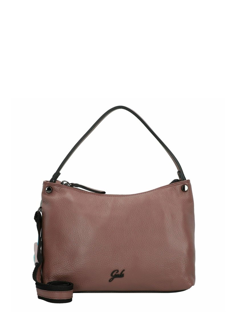Weiche rosa Leder-Schultertasche mit abgerundetem Oberteil und schwarzem Träger. Verfügt über einen Reißverschluss und metallische Akzente mit einem Logo auf der Vorderseite.