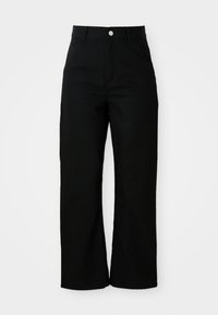 Black high-waisted, straight-leg pants with front pockets, belt loops, and a silver button closure on a white background.