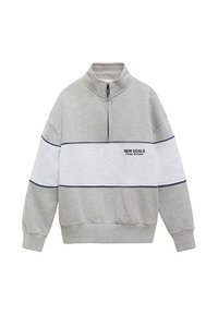 Grå sweatshirt med en kvartdragkedja. Har ett vitt horisontellt rand och marinblå detaljer, med texten "NEW GOALS" broderad på.