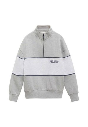 Felpa grigia con colletto a zip parziale. Presenta una striscia orizzontale bianca e dettagli blu navy, con il testo "NUOVI OBIETTIVI" ricamato su di essa.
