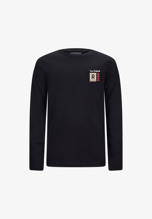 Sort langærmet skjorte med rund hals, med et lille print på brystet foran med teksten "The Original R Retour 1989" i hvid, beige og rød.