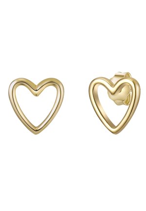 Paire de petites boucles d’oreilles en forme de cœur ouvert en or avec bords lisses et fermoir papillon sur fond blanc.